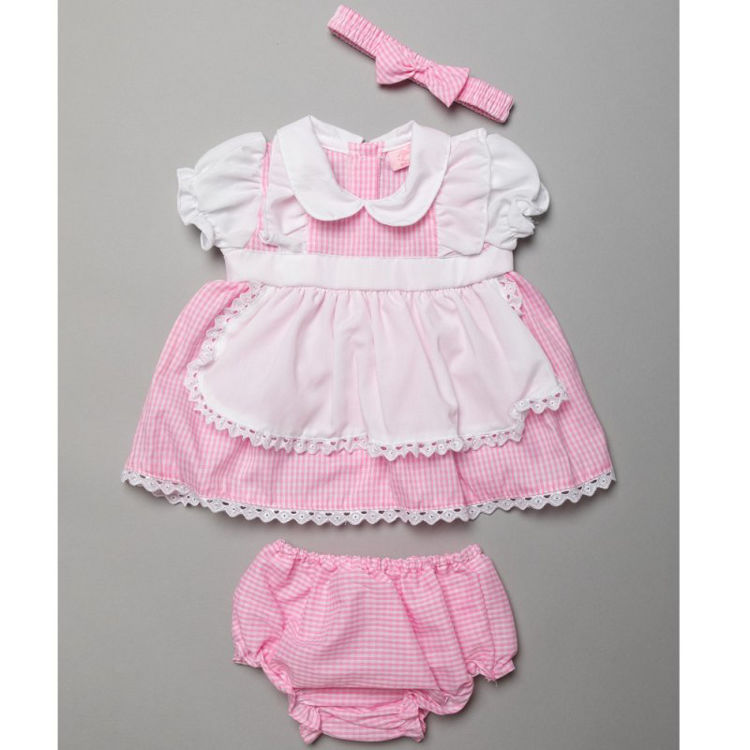 Picture of T20223B: BABY GIRLS GINGHAM APRON STYLE DRESS, PANT & HEADBA